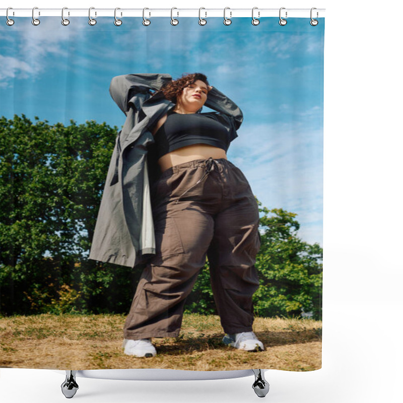 Personality  A Confident Plus Size Woman Stands Tall In A Sunlit Field, Celebrating Her Unique Beauty. Shower Curtains