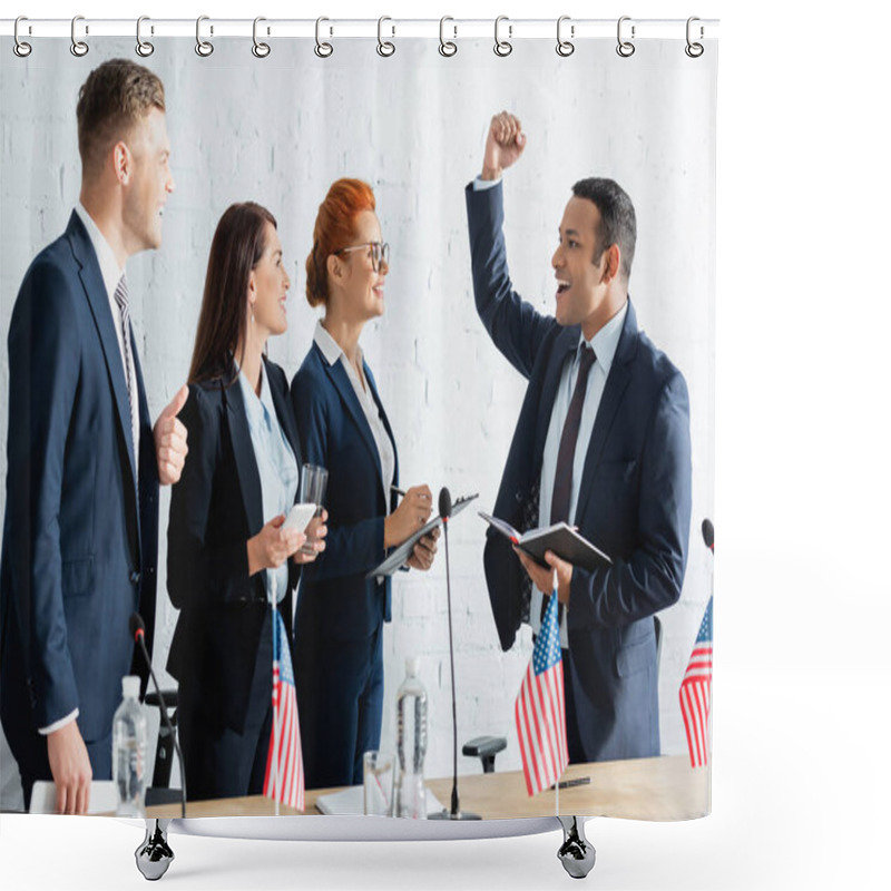 Personality  Happy Multicultural Politicians Looking At Excited Team Leader With Hand In Air During Convention Shower Curtains