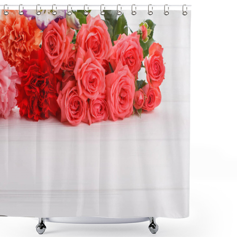 Personality  Carnation And Rose Flowers On White Wood. Shower Curtains