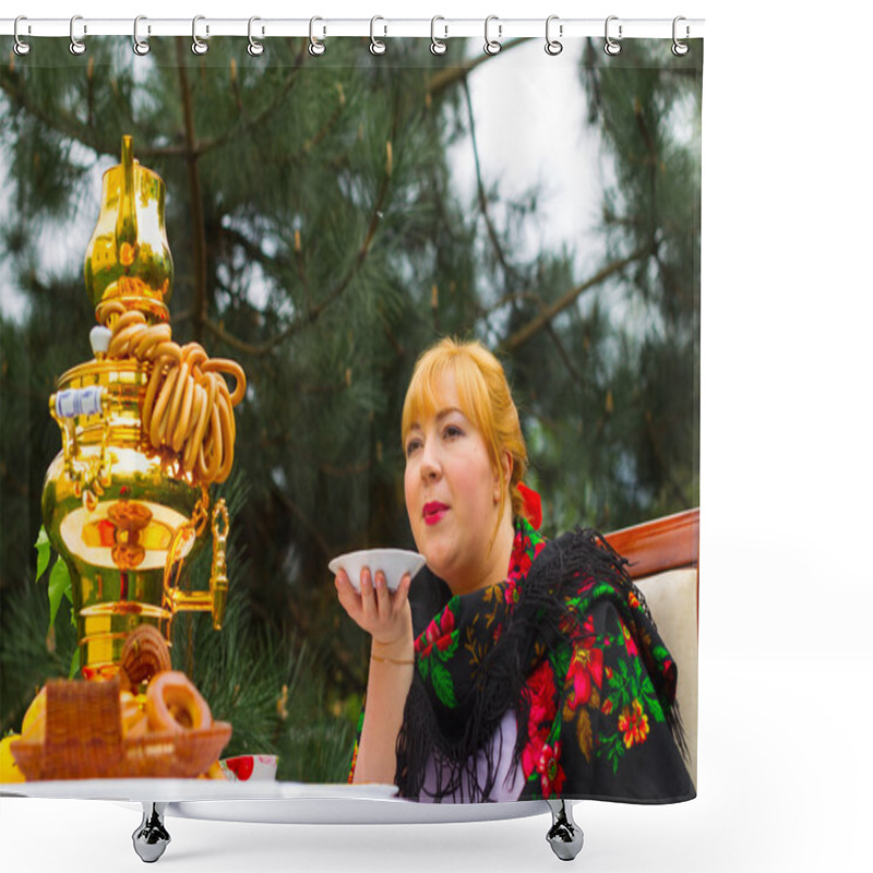 Personality  Cheeked Russian Cheerful Young Woman With A Scarf Draped Pavlopo Shower Curtains