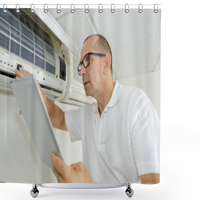 Personality  Man Checking Airconditioning Manual While Using It Shower Curtains