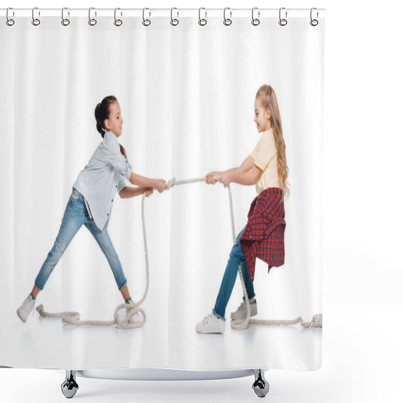 Personality  Girls Play Tug Of War Shower Curtains