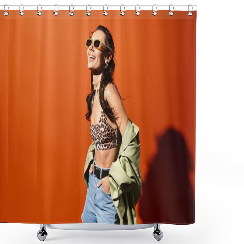 Personality  A Fashionable Woman Wearing A Leopard Print Top And Denim Shorts, Exuding Confidence And Style On An Orange Background. Shower Curtains