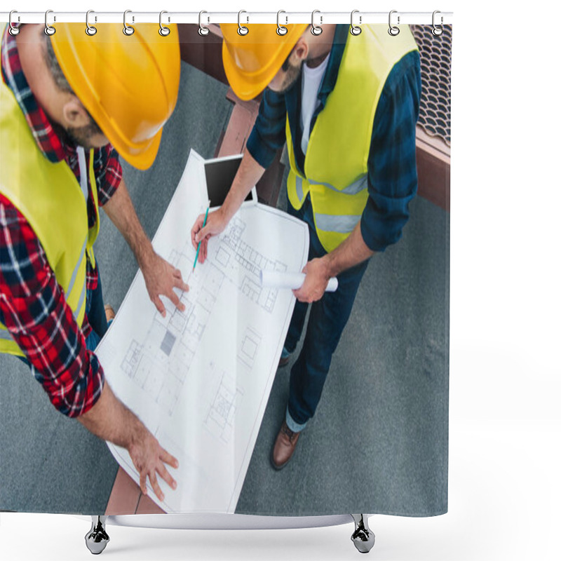 Personality  Overhead View Of Architects In Safety Vests And Helmets Drawing On Blueprints Shower Curtains