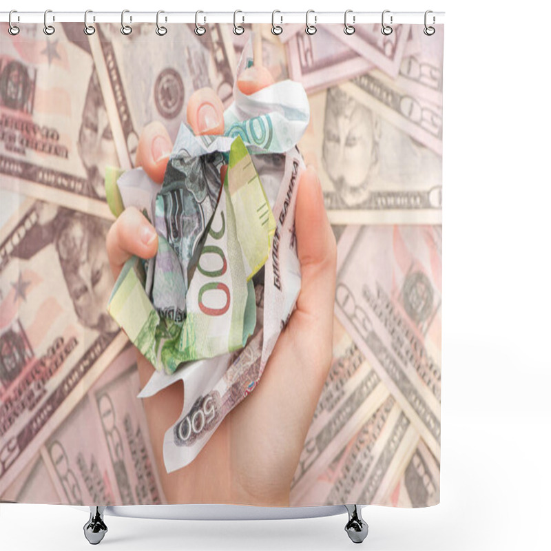 Personality  Cropped View Of Woman Holding Crumpled Ruble Banknotes Near Dollars  Shower Curtains