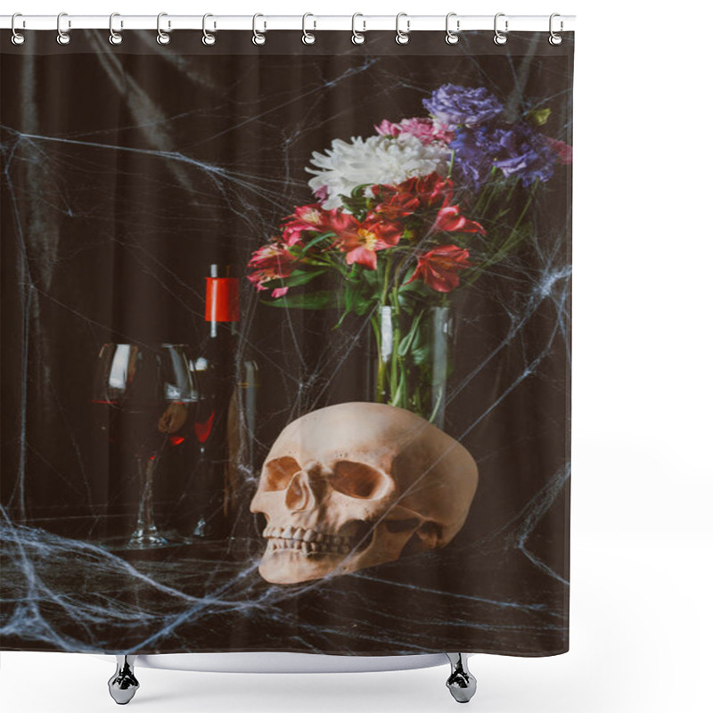 Personality  Halloween Skull, Red Wine And Vase With Flowers On Black Cloth With Spider Web Shower Curtains