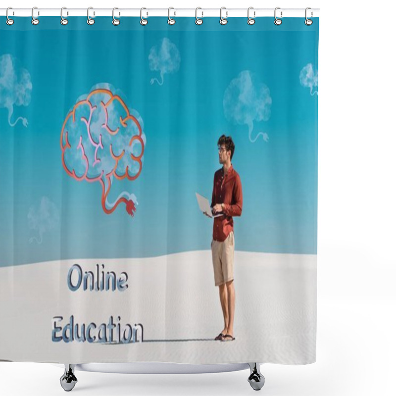 Personality  Young Man On Sandy Beach With Laptop Against Clear Blue Sky, Online Education Illustration Shower Curtains