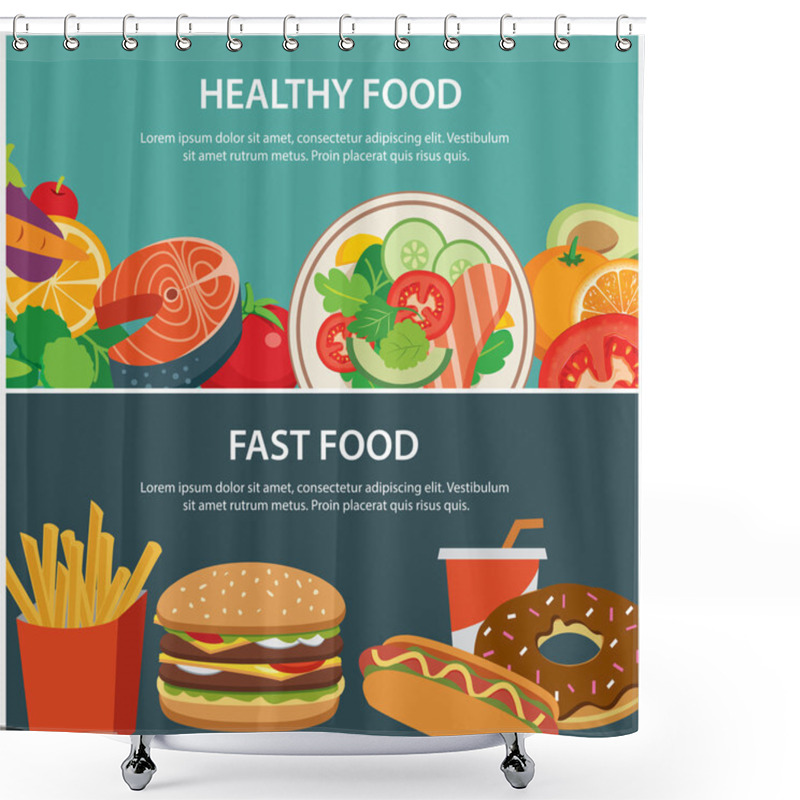 Personality  Healthy Food And Fast Food Concept Banner Flat Design Shower Curtains