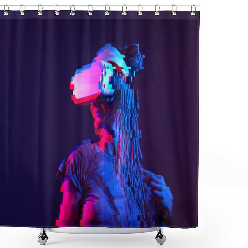 Personality  Woman Is Using Virtual Reality Headset. Neon Light Studio Portrait. Image With Glitch Effect. Shower Curtains