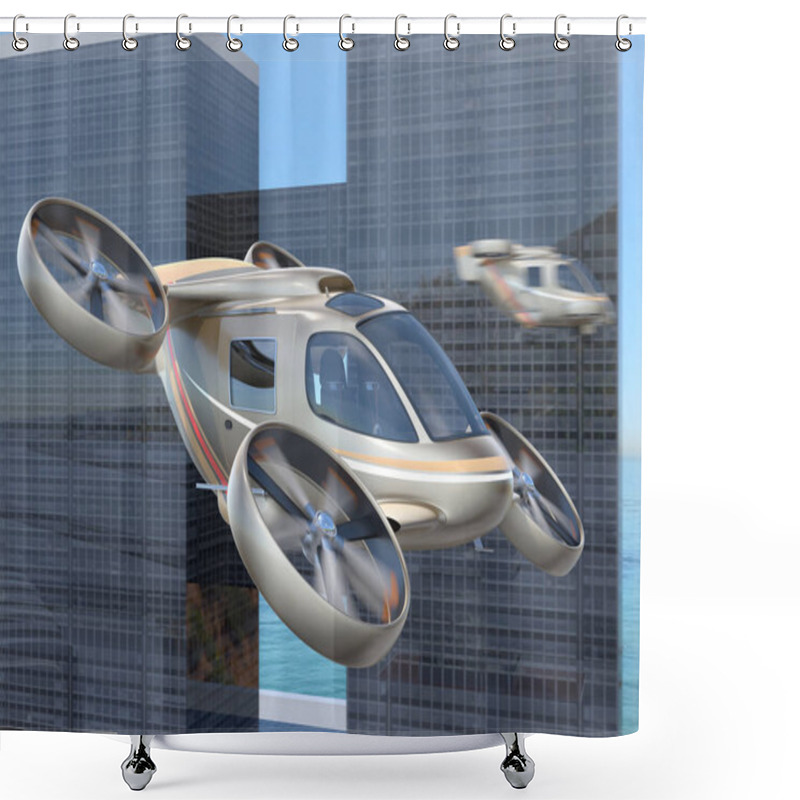 Personality  Flying Car ( Air Taxi) Flying In The Sky. Highway And Urban Building On The Background. 3D Rendering Image. Shower Curtains