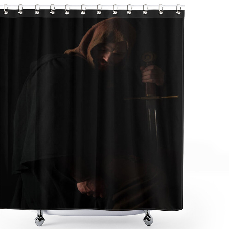 Personality  Medieval Scottish Man In Mantel With Sword In Dark Isolated On Black Shower Curtains