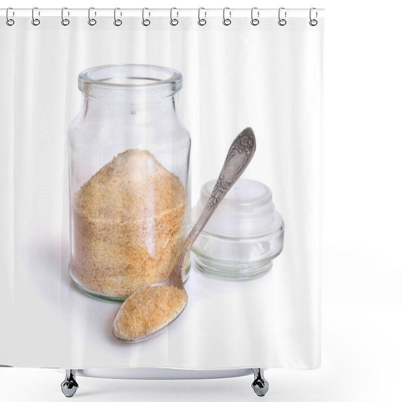 Personality  Gelatin Or Gelatine In The Glass Jar. On White Background. Shower Curtains