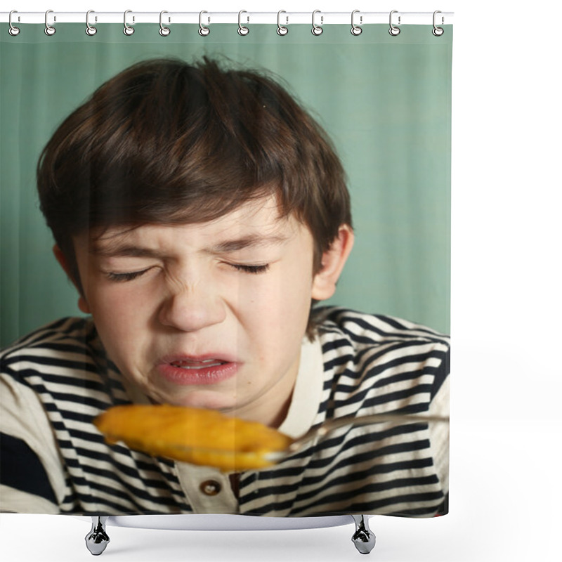 Personality   Boy Eat Pumpkin Soup With Expression Of Disgust Shower Curtains