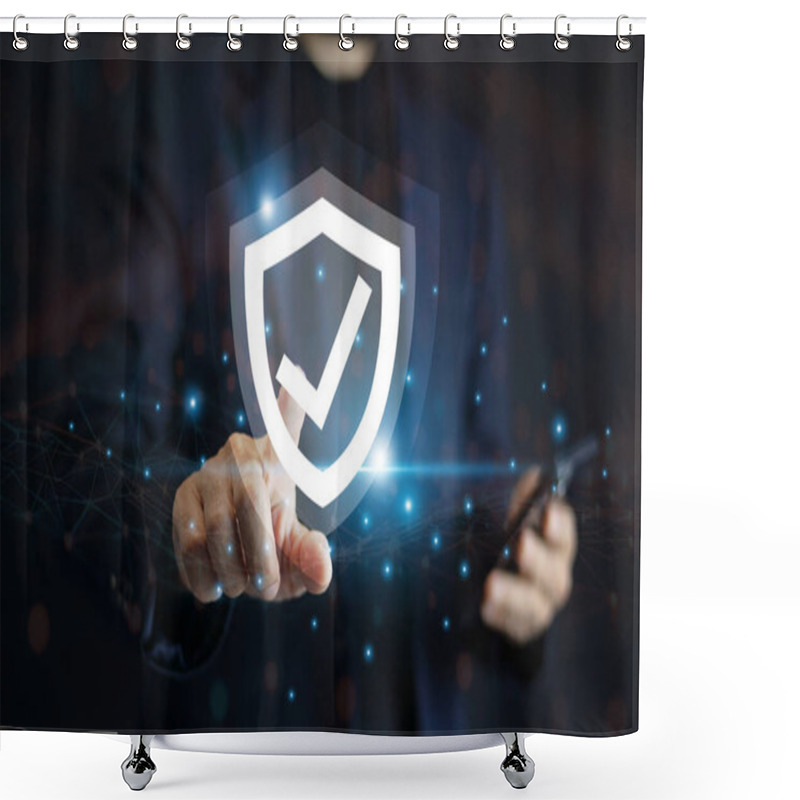 Personality  Businessman Use Mobile Phone Technology With Advanced Cyber Security Shield, Ensuring The Protection Of Sensitive Data And Securing The Digital Environment Against Potential Threats. Shower Curtains