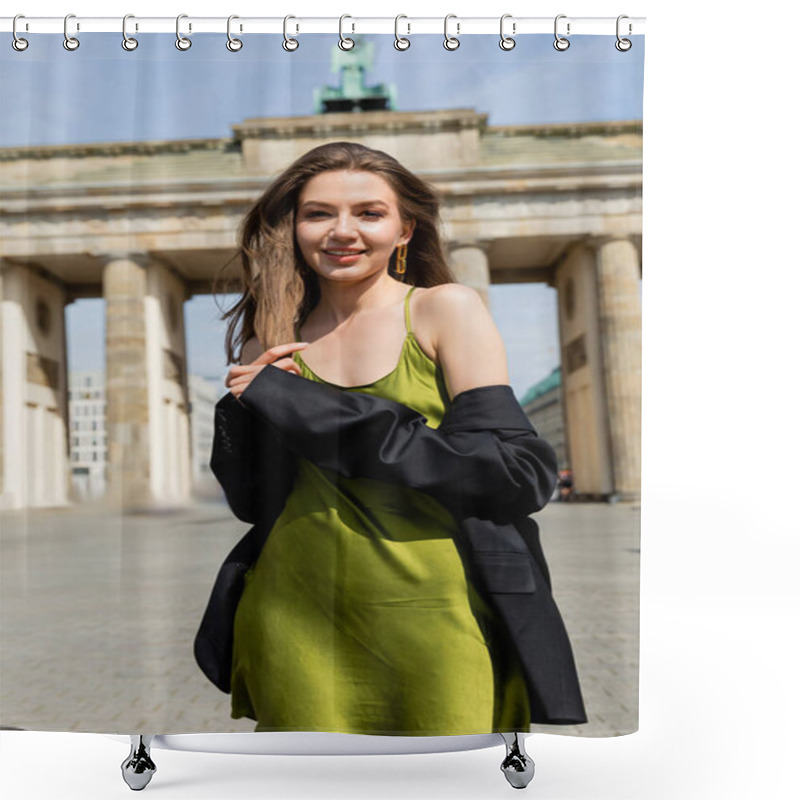 Personality  Portrait Of Young Woman In Silk Dress And Jacket Looking At Camera Near Brandenburg Gate  Shower Curtains