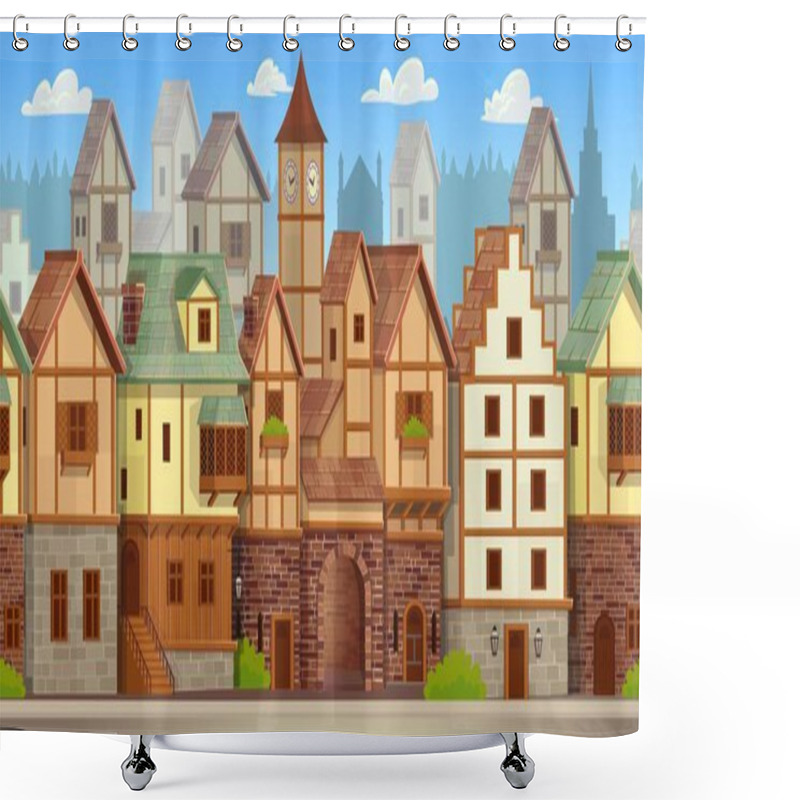 Personality  Seamless Pattern Of Medieval Town. Old City Street With Chalet Style Houses. Vector Illustration In Cartoon Style. Shower Curtains