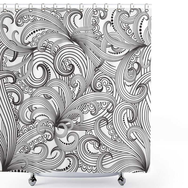 Personality  Fantasy Doodle Swirls Black And White Vector Seamless Pattern. Hand Drawn Vintage Monochrome Ornamental Background. Repeat Distressed Floral Backdrop. Elegance Paisley Flowers. Ethnic Style Ornament Shower Curtains