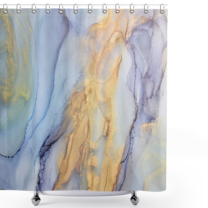 Personality  Alcohol Ink Abstract Background. Blue Golden Luxury Acrylic Paint In Water. Texture Of Marble. Print Pattern Shower Curtains