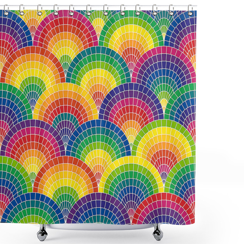 Personality  Multicolored Abstract Geometric Motif With Concentric Green, Yellow, Red, And Blue Circles On White Background. Mosaic Style. Traditional Japanese Design With Arched Lines. Seamless Vector Pattern. Shower Curtains