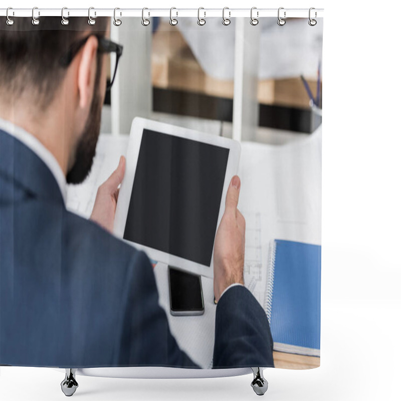 Personality  Businessman Using Tablet At Working Place Shower Curtains