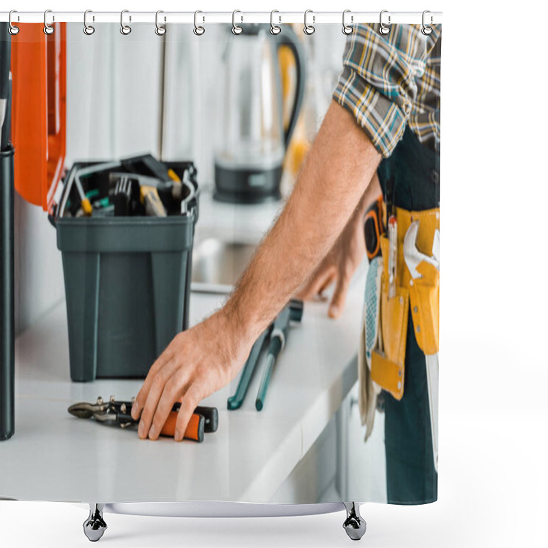 Personality  Cropped Image Of Plumber Putting Tools On Kitchen Counter In Kitchen Shower Curtains