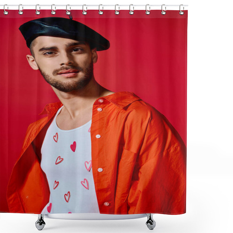 Personality  A Young Man Displays His Unique Style In A Studio With A Red Backdrop, Wearing A Heart Tee. Shower Curtains