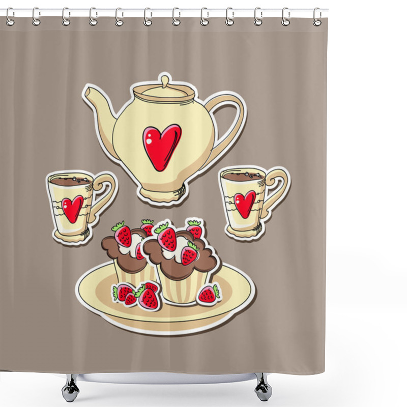 Personality  Vector Background With Cupcakes And Teapots. Shower Curtains