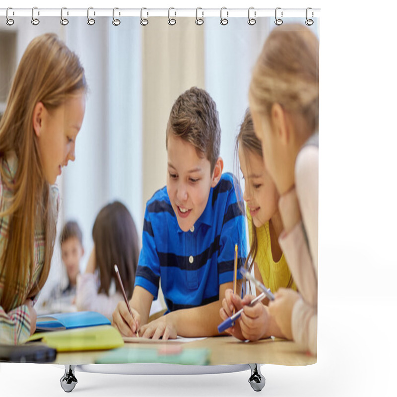 Personality  Group Of Students Talking And Writing At School Shower Curtains