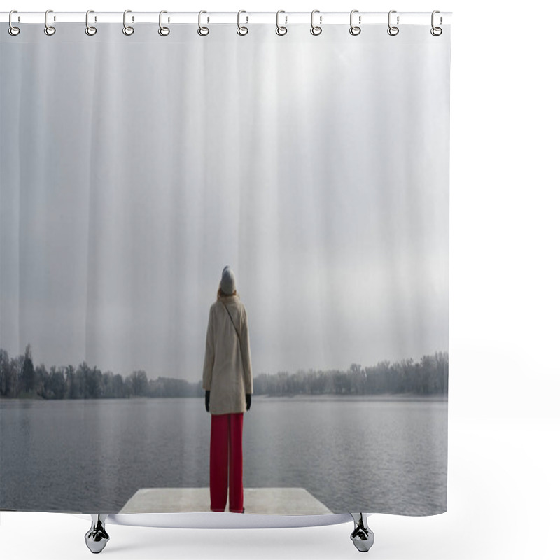 Personality  A Person Stands On A Concrete Platform, Overlooking A Calm Lake Under A Cloudy Sky. Shower Curtains