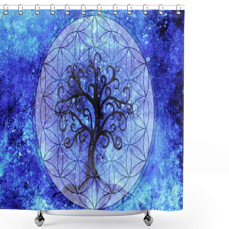 Personality  Tree Of Life Symbol On Structured Ornamental Background, Flower Of Life Pattern, Yggdrasil. Shower Curtains