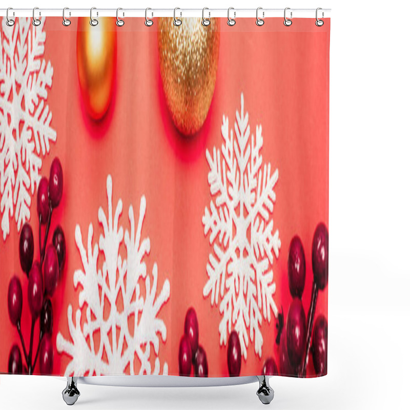 Personality  Top View Of Baubles, Snowflakes And Berries On Red Background, Banner Shower Curtains