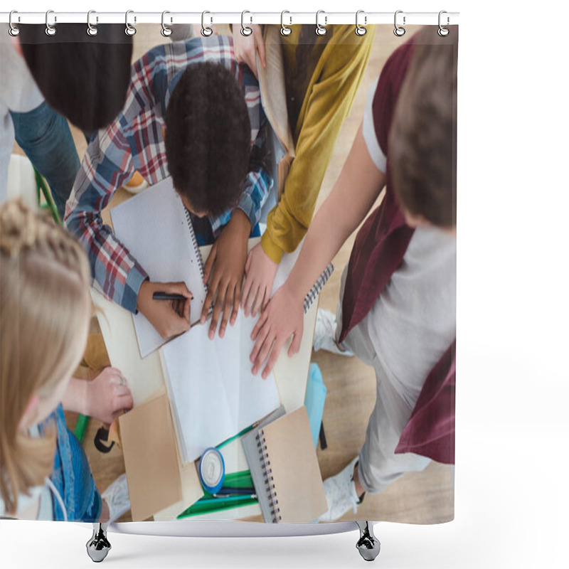 Personality  Top View Of High School Students Helping Their Classmate With Homework Shower Curtains