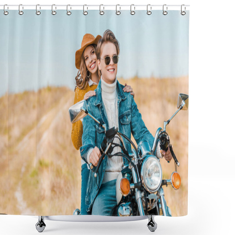 Personality  Young Smiling Couple Sitting On Retro Motorbike On Rural Meadow Shower Curtains