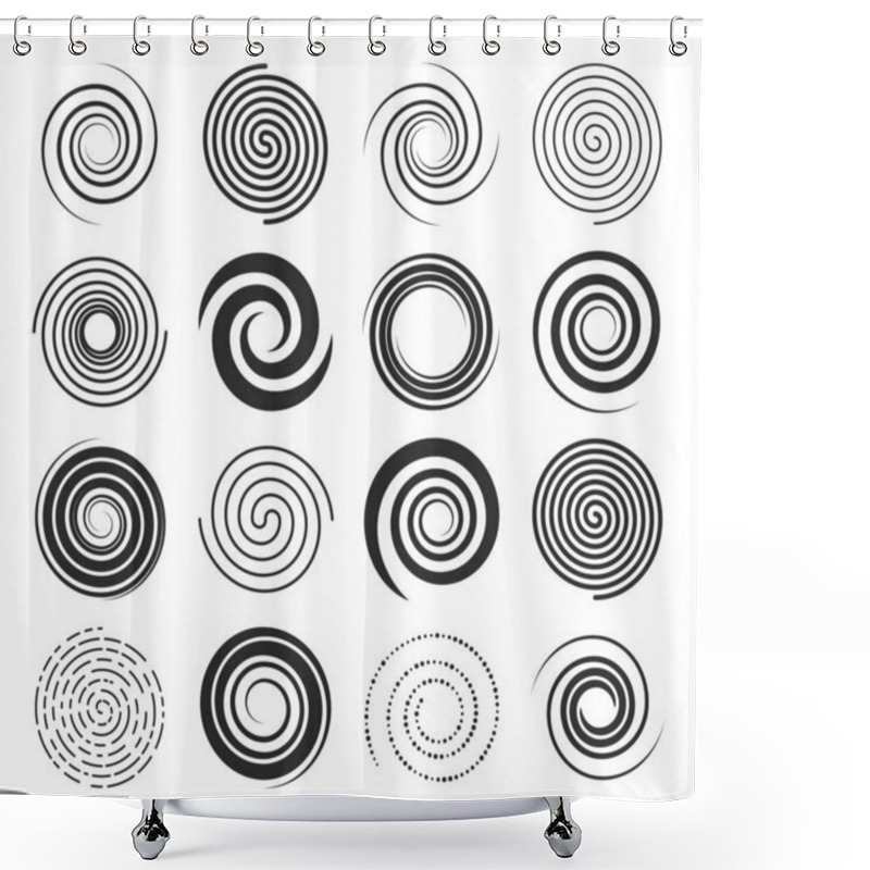 Personality  Spiral Swirl Icons, Circle Shape Lines And Twirl Symbols, Vector Circular Round Motion And Hypnotic Elements. Spiral Swirls In Abstract Geometric Pattern, Radial Speed Lines In Twists And Whirls Shower Curtains