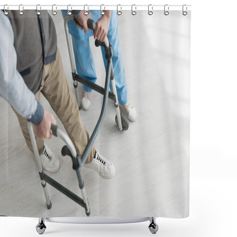 Personality  High Angle View Of Retired Man Walking With Doctor, Recovering After Injury Shower Curtains