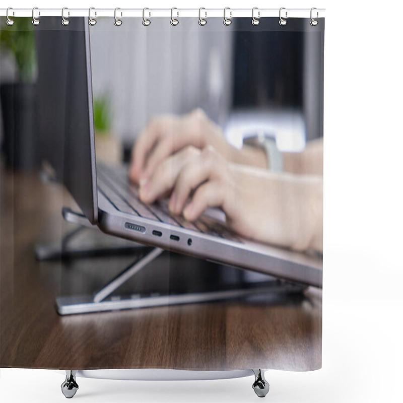 Personality  Hands Typing On A Laptop With An Ergonomic Stand For Improved Workspace Posture And Efficiency Shower Curtains