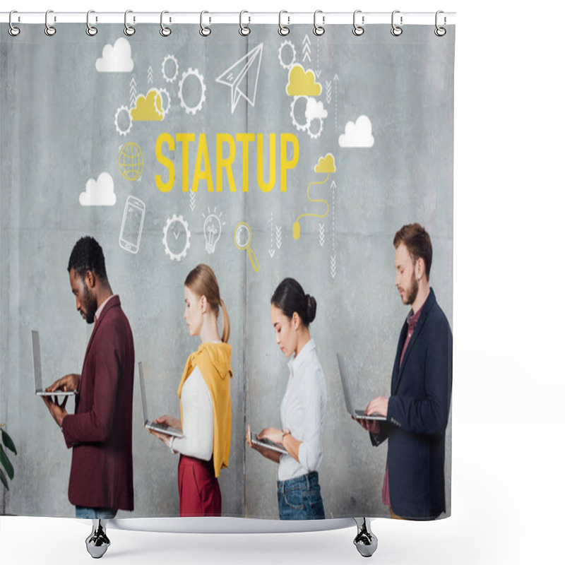 Personality  Multiethnic Casual Businesspeople Using Laptops While Standing In Queue In Waiting Hall With Startup Illustration On Wall Shower Curtains