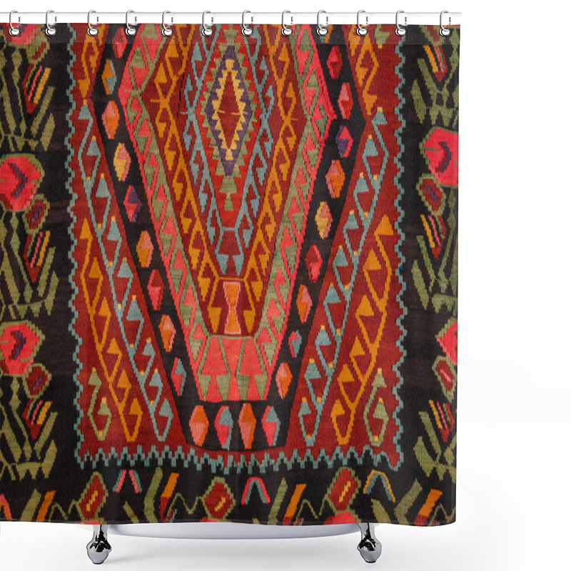 Personality  Vibrant Close-up Of A Traditional Handwoven Rug, Showcasing Intricate Geometric Patterns In Red, Orange, Green, And Blue Emphasizing The Craftsmanship And Cultural Significance Of The Textile. Shower Curtains