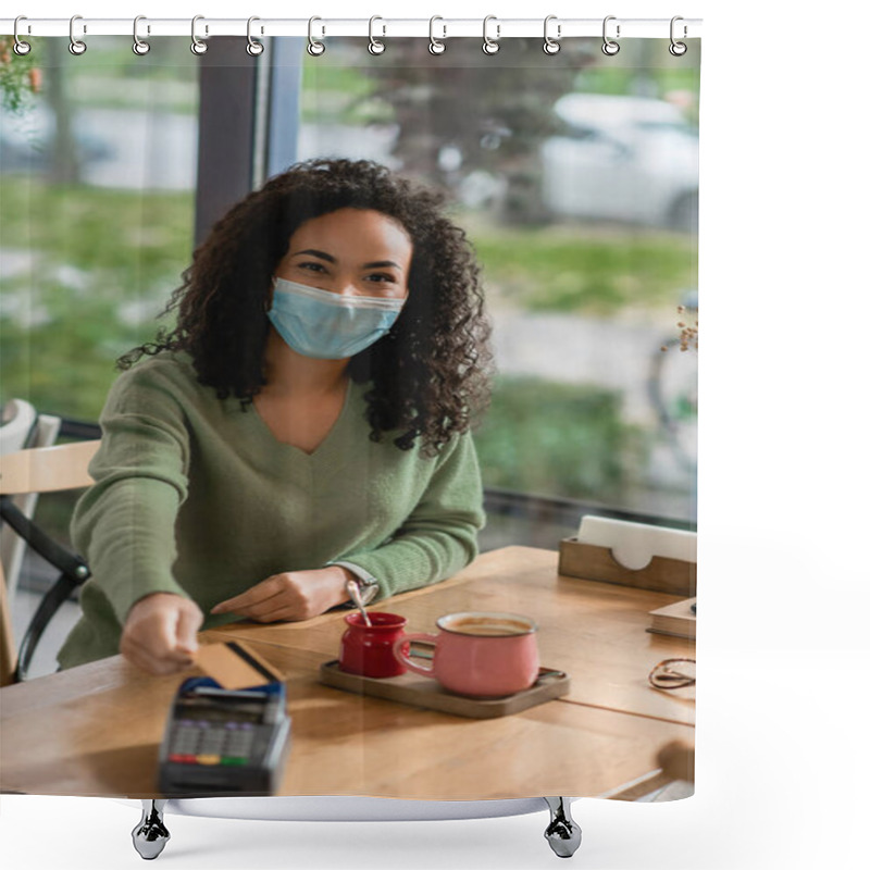 Personality  African American Woman In Medical Mask Holding Credit Card Near Payment Terminal In Cafe  Shower Curtains