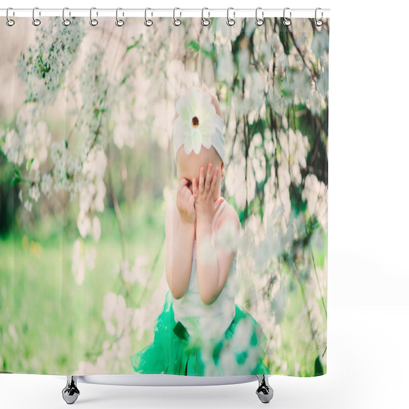 Personality  Spring Portrait Of Cute Baby Girl In Green Skirt Enjoying Outdoor Walk In Blooming Garden Shower Curtains