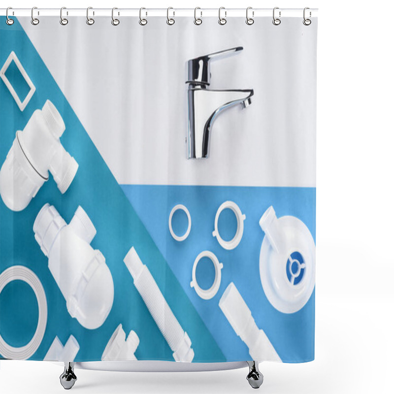 Personality  Top View Of Plastic Plumbing Pieces And Water Mixer Isolated On White Shower Curtains