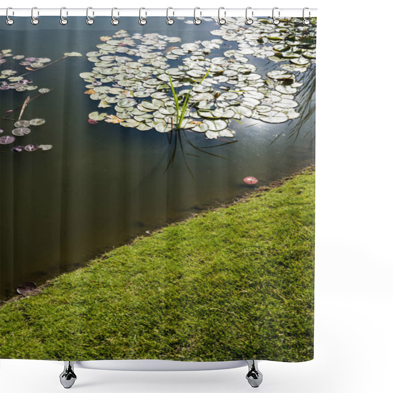 Personality  Green And Fresh Grass Near Pond With Water Lily Leaves  Shower Curtains