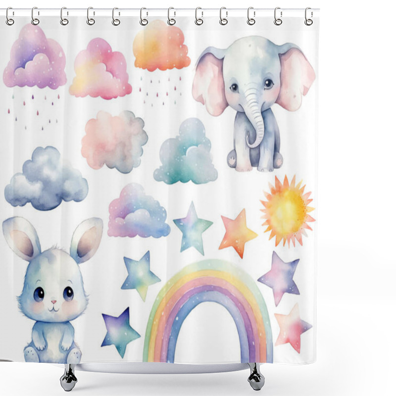 Personality  Watercolor Baby Elephant, Bunny. Set Of Vector Hand Drawn Nursery Elements, Clouds, Rainbow, Stars, Wall Stickers. Pastel Colors Shower Curtains