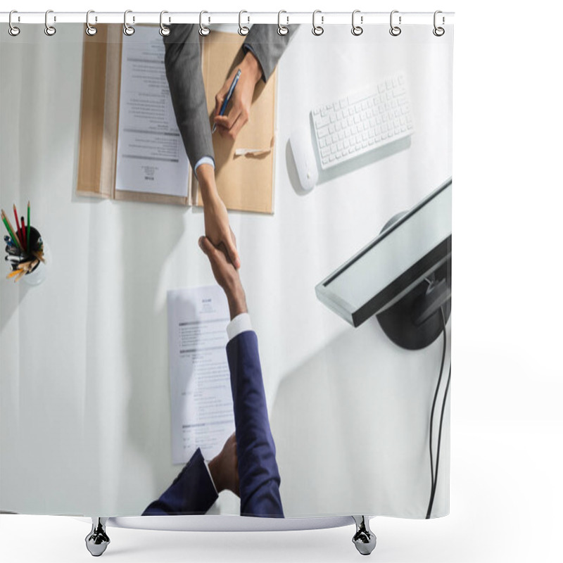 Personality  High Angle View Of Businessperson Shaking Hand With Candidate Over White Desk Shower Curtains