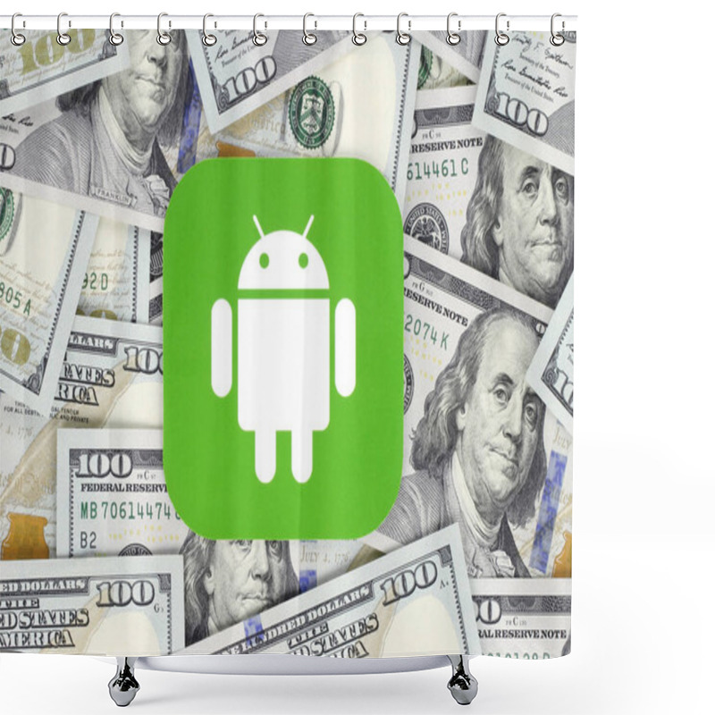 Personality  Kiev, Ukraine - September 18, 2018: Android Icon Printed On Paper, Cut And Placed On Money Background. Android Is A Mobile Operating System Developed By Google Shower Curtains