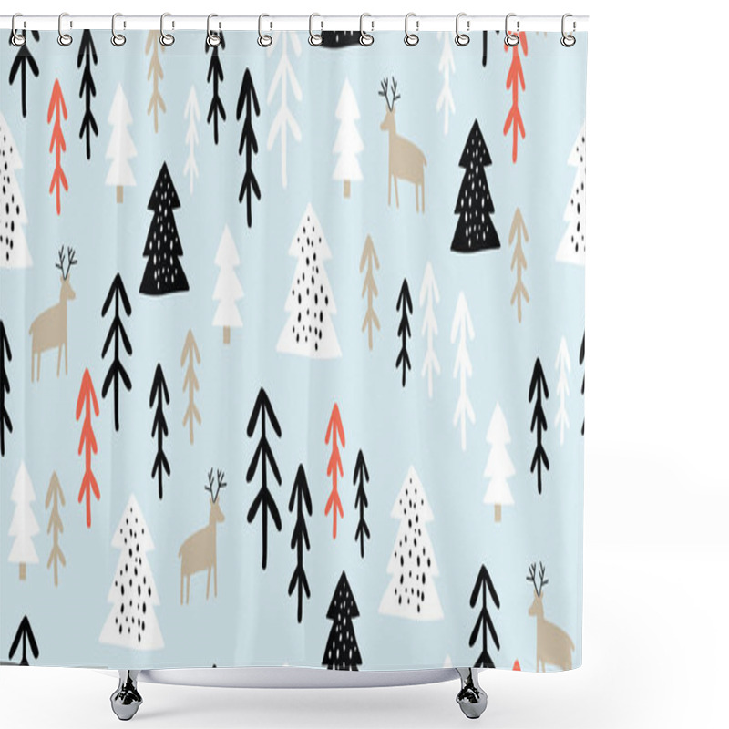 Personality  Childish Seamless Pattern With Deers And Pines Shower Curtains