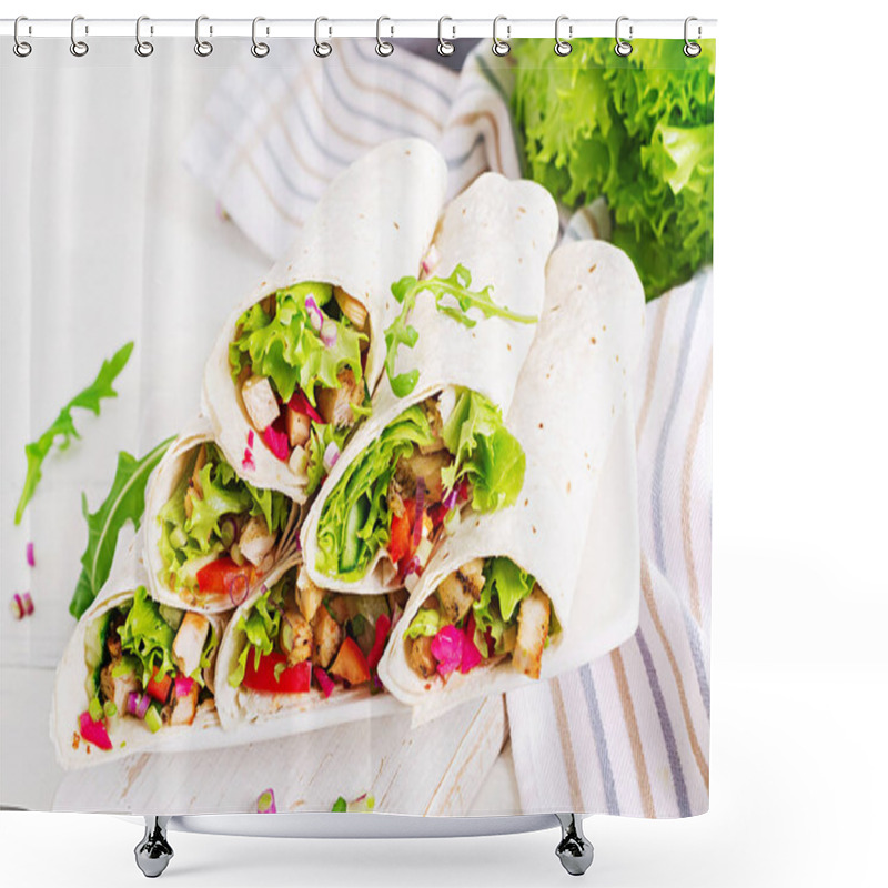 Personality  Chicken Burrito. Healthy Lunch.  Mexican Street Food Fajita Tortilla Wraps With Grilled  Chicken Fillet And Fresh Vegetables. Shower Curtains