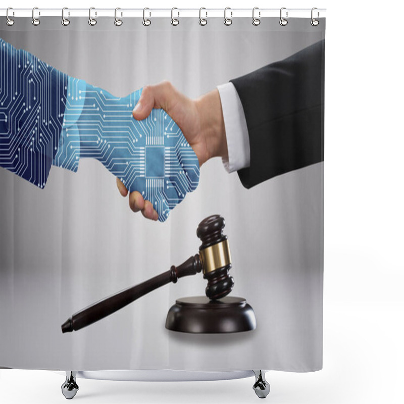 Personality  Gavel And Mallet In Front Of Lawyer Shaking Hand With Digital Partners Against Grey Background Shower Curtains