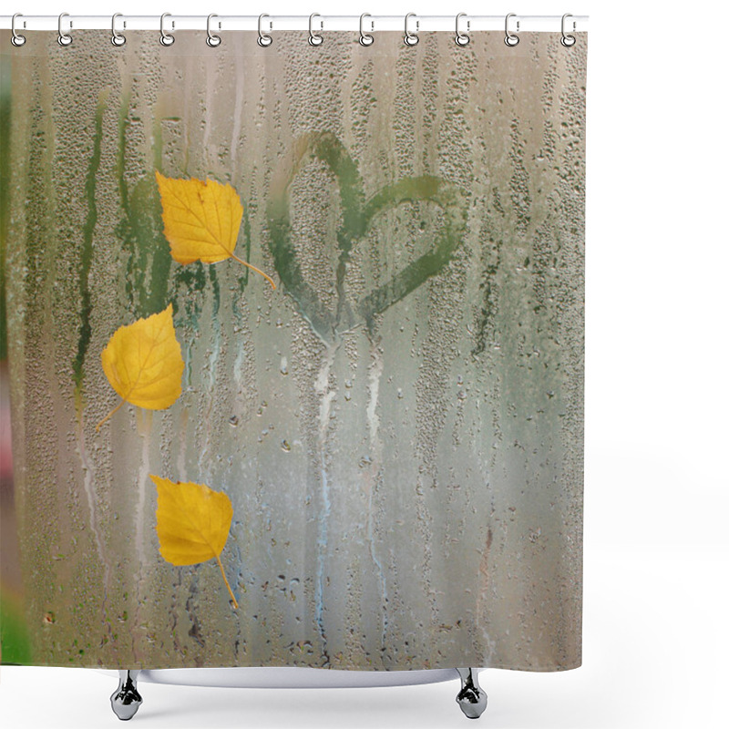 Personality  Three Yellow Autumn Leaves With Heart On Window After Rain. Concept Autumn Mood Shower Curtains