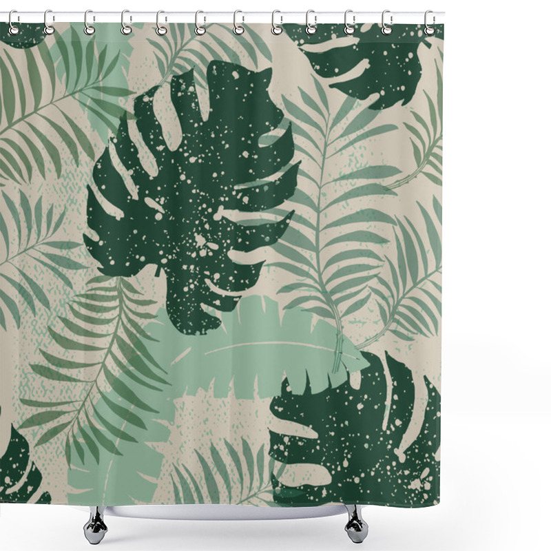 Personality  Green Tropical Seamless Pattern Background With Palm Leaves For Decor, Covers, Backgrounds, Wallpapers. Collage Contemporary Floral Modern Exotic Plants Illustration In Vector. Shower Curtains